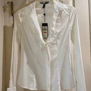 BCBG Ruffle Front White Blouse Size XS with French Cuffs